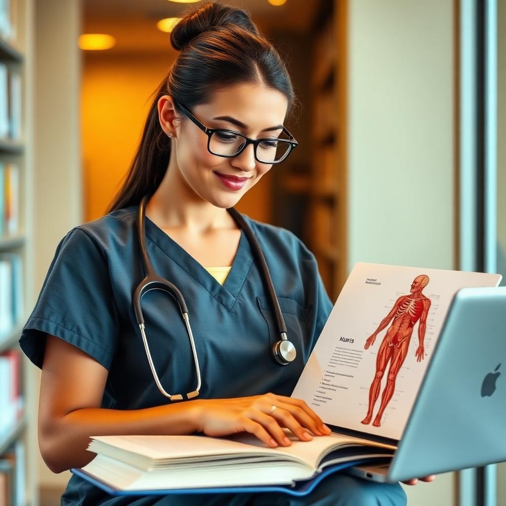 Nursing student in scrubs studying HESI content with textbooks and laptop