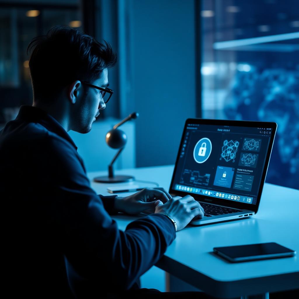 Student studying CompTIA Security+ on a laptop with cybersecurity graphics in the background
