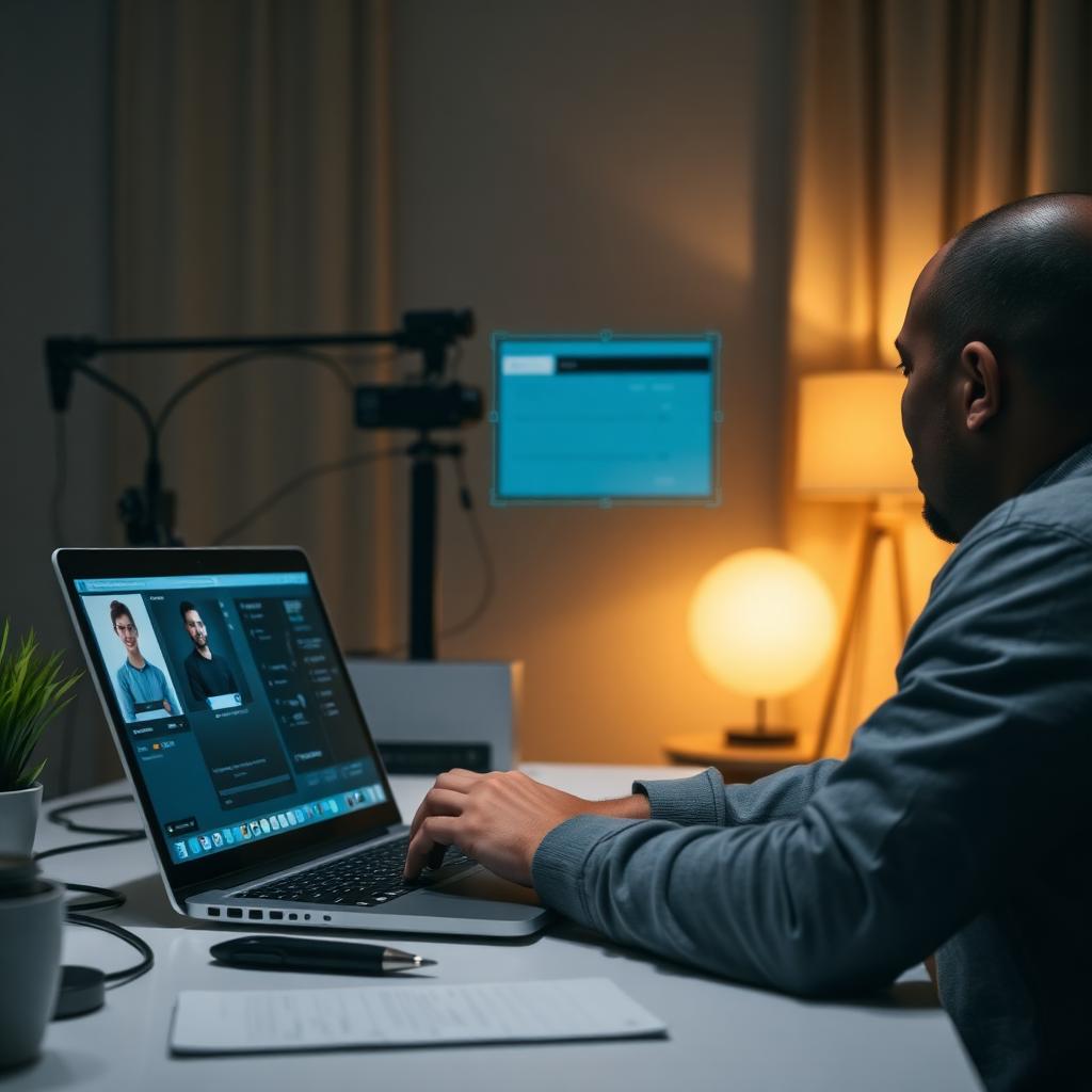 Student sitting a remote online proctored exam at home with webcam and laptop