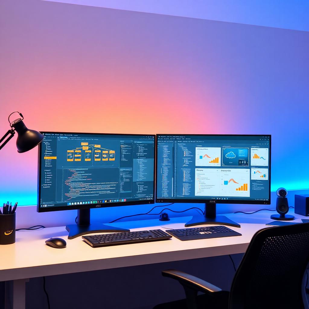 Developer workstation with AWS cloud architecture and code editor on dual monitors